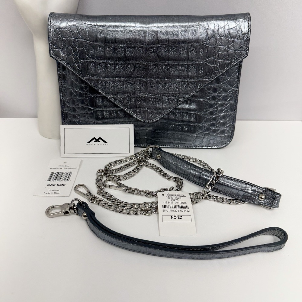 Maria Oliver Crocodile Shoulder Bag Purse Clutch Wristlet Pewter